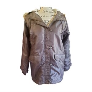 Ambiance Women's Taupe Olive Hooded Utility Jacket with Faux Fur Trim Size Small